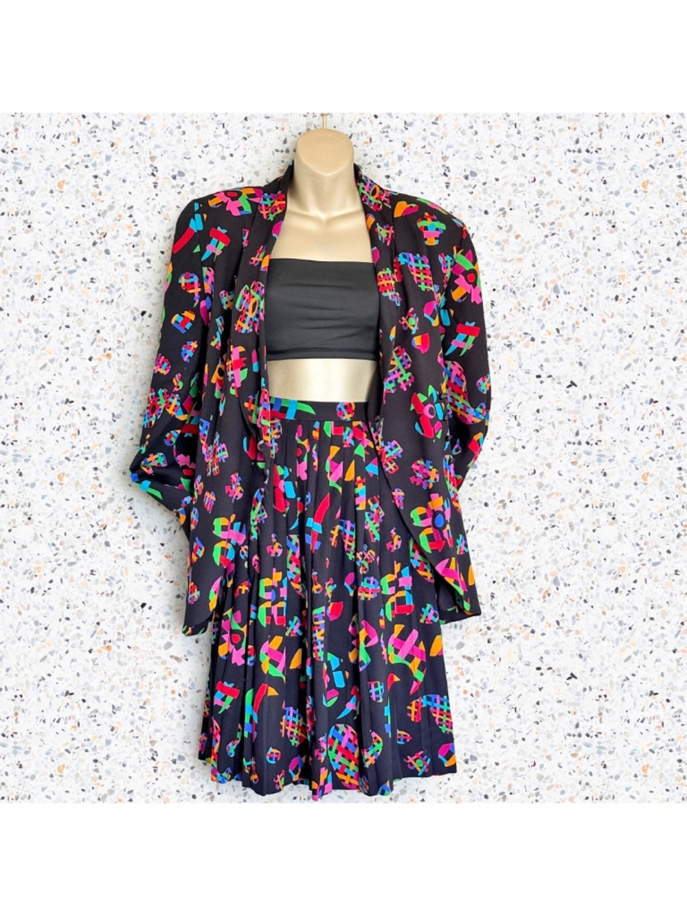 VTG 80s Neon Abstract Pop Art Blazer Pleated Skirt Set Maximalist Doncaster 8